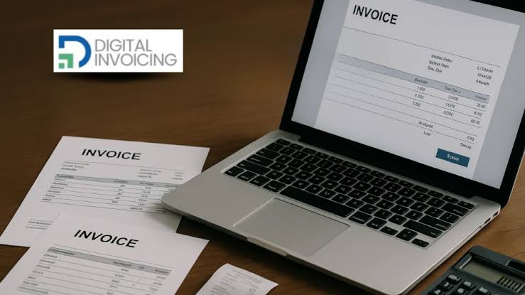 Digital invoicing on laptop with printed invoices on desk