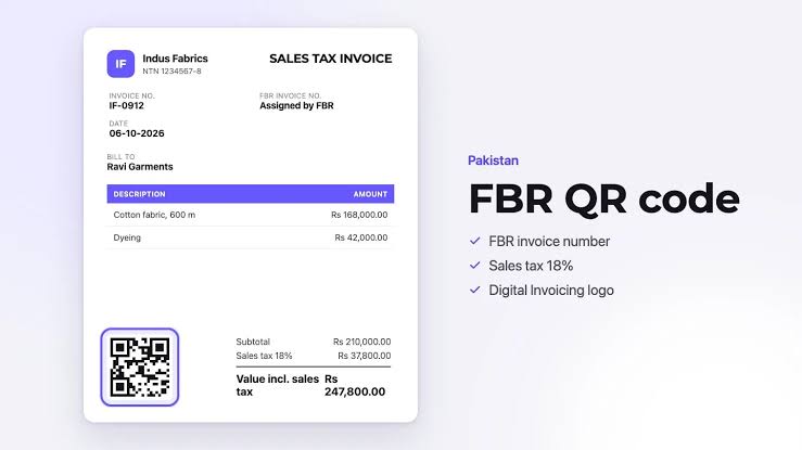 Sample FBR-compliant sales tax invoice with QR code and FBR invoice number